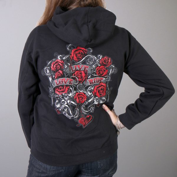 Hot Leathers GLZ4246 Ladies Black Hoodie Sweatshirt with Live, Love, Ride and Roses Artwor For Discount - Image 2