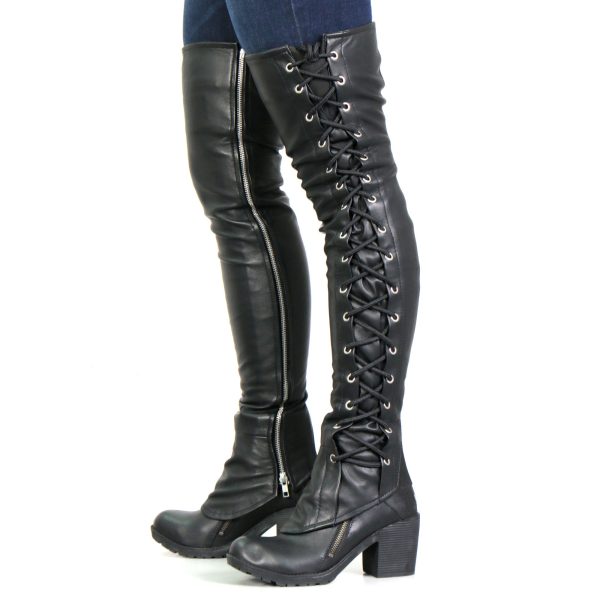 Hot Leathers LCU1003 Ladies Black Lambskin Leather Leggings with Black Side Lace Hot on Sale - Image 2
