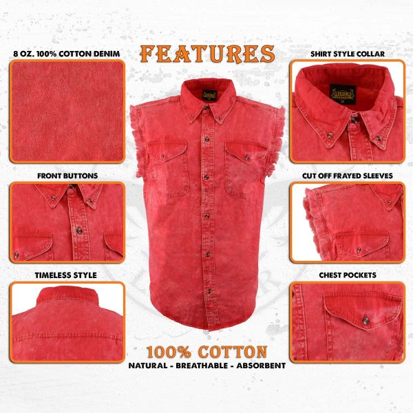Milwaukee Leather MNG11681 Men’s Classic Red Button-Down Cut Off Frayed Sleeveless Casual Shirt For Sale - Image 2