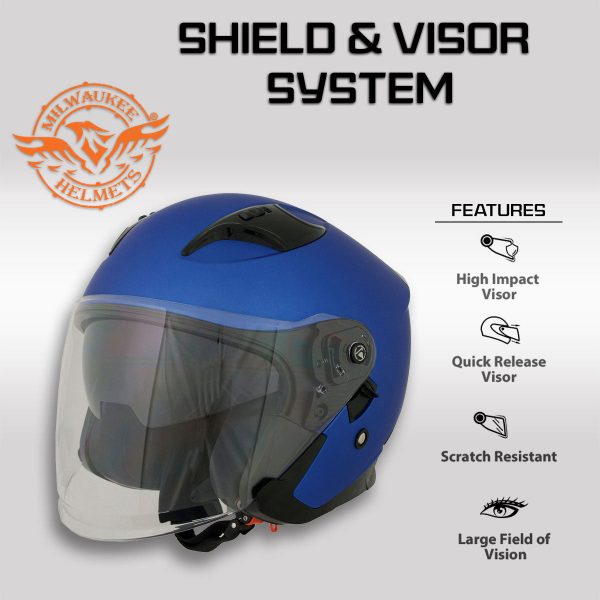 Milwaukee Helmets MPH9825DOT Shift Open Face 3 4 Blue Helmet Biker w  Drop Down Visor Online Sale - Image 4