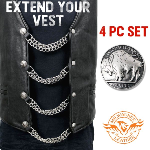Milwaukee Leather 5 Cent Buffalo Medallion Vest Extender - Double Chrome Chains Genuine Leather 8.5  Extension 4-PCS MLA6043SET Online - Image 3