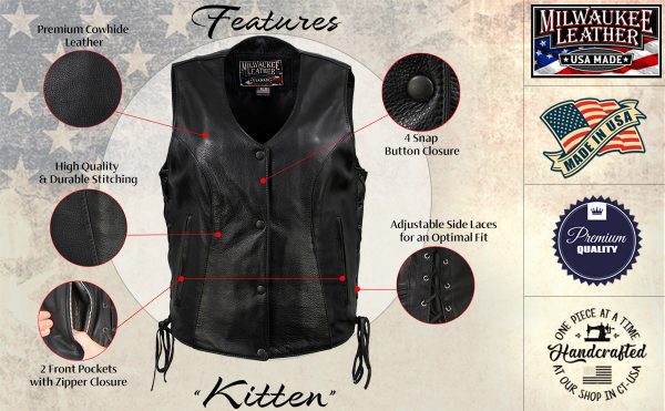 Milwaukee Leather USA MADE MLVSL5002 Women s Black Kitten Leather Motorcycle Vest with Side Laces on Sale - Image 2