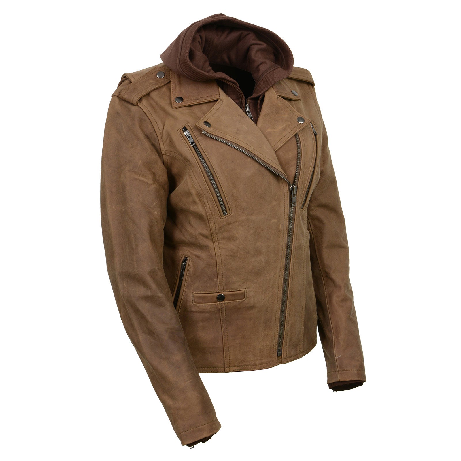 Milwaukee Leather MLL2511 Women s  Damsel  Vintage Crazy Horse Brown Leather Jacket w  Removable Hoodie Online now