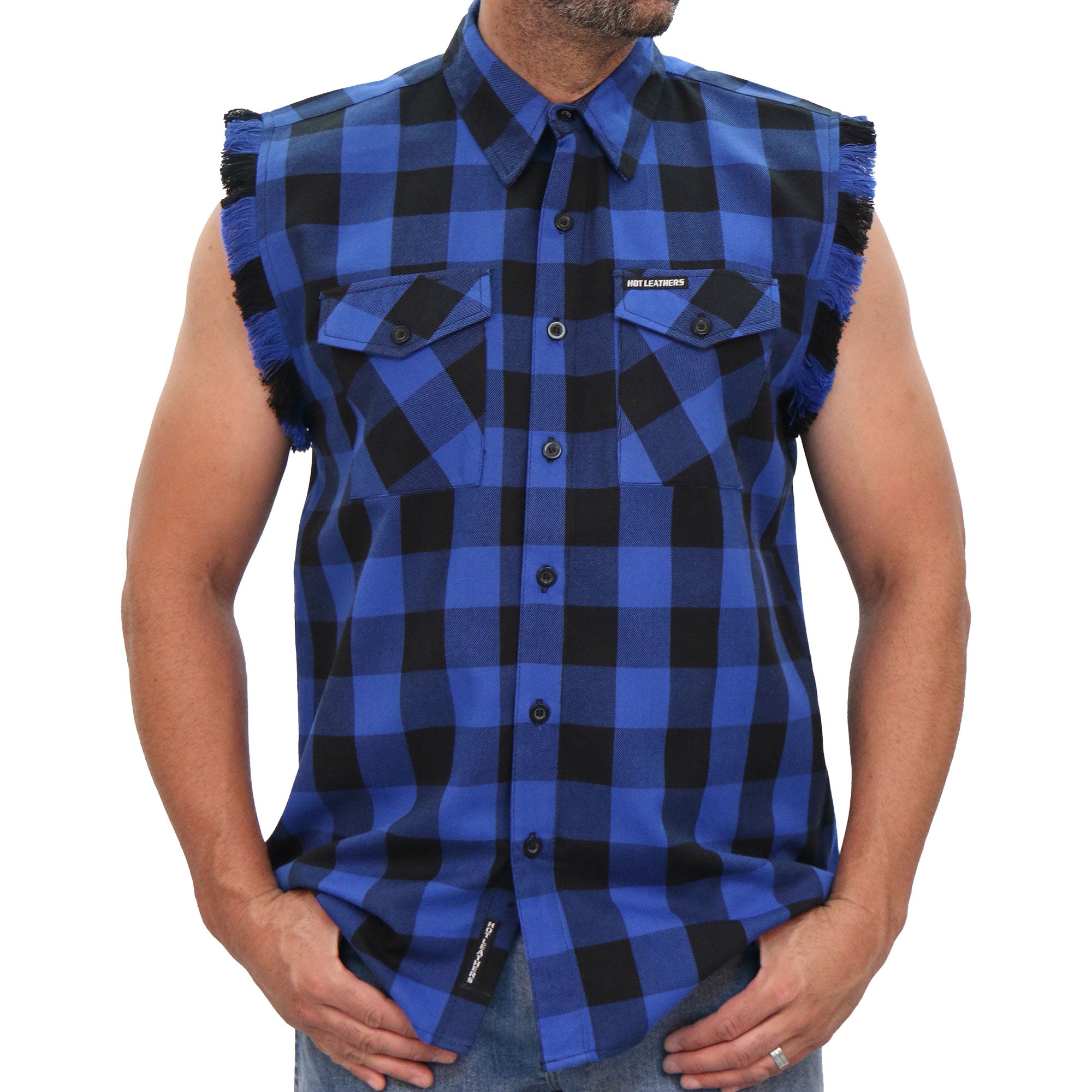 Hot Leathers No Sleeve Fringe Blue and Black Flannel FLM5208 Discount